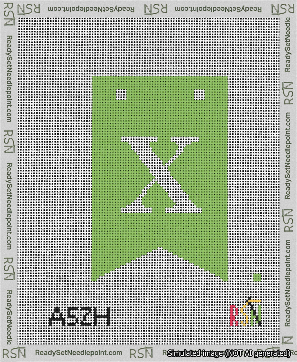 A taped needlepoint canvas with the design: Banner 13 mesh count Forked X White on Light Green.