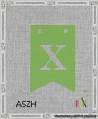 A taped needlepoint canvas with the design: Banner 13 mesh count Forked X White on Light Green.