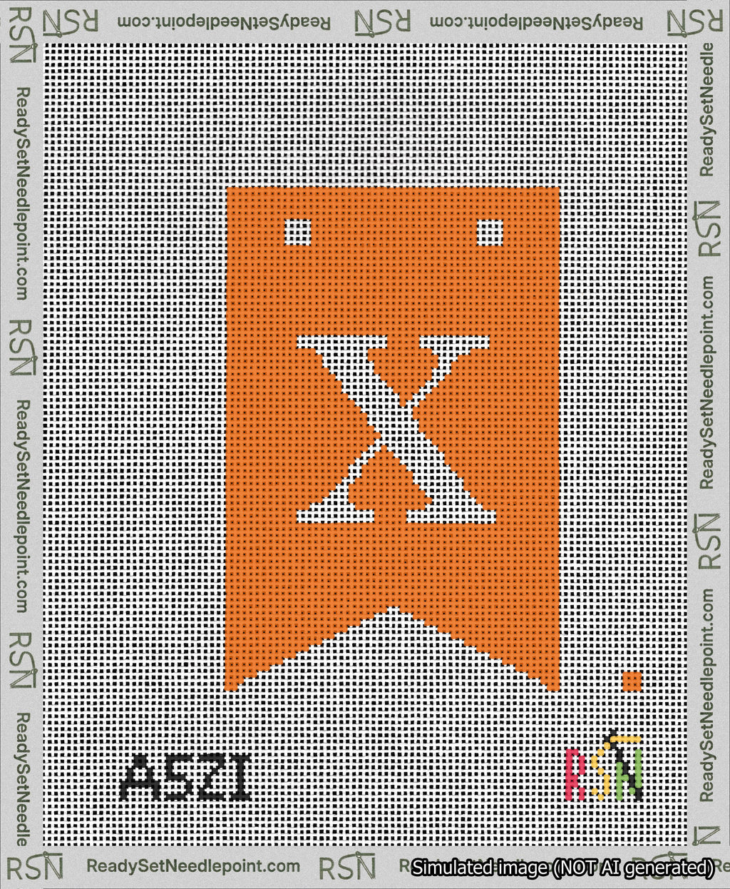 A taped needlepoint canvas with the design: Banner 13 mesh count Forked X White on Orange.