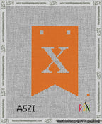 A taped needlepoint canvas with the design: Banner 13 mesh count Forked X White on Orange.