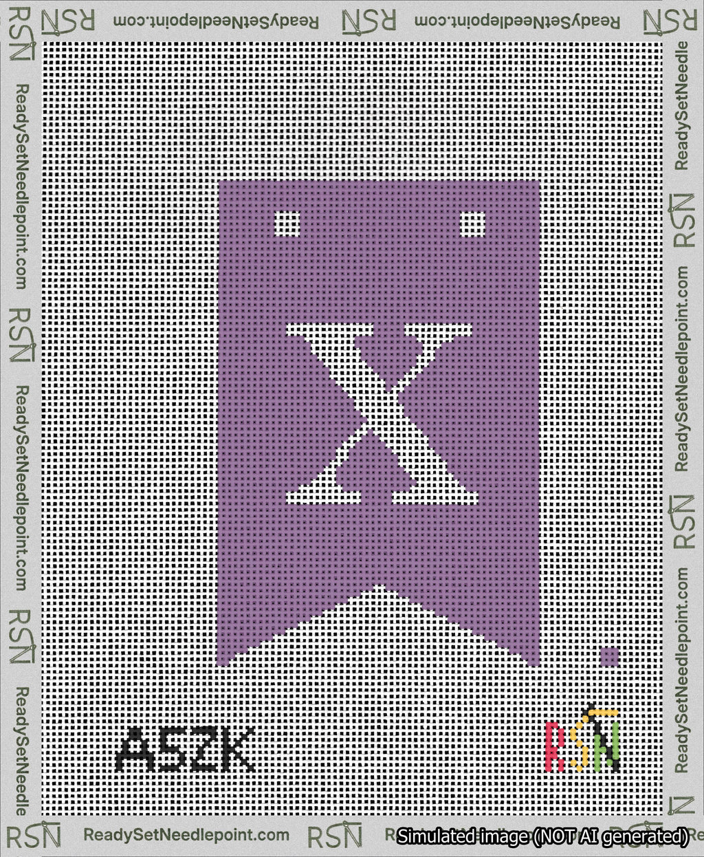 A taped needlepoint canvas with the design: Banner 13 mesh count Forked X White on Purple.