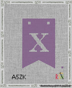 A taped needlepoint canvas with the design: Banner 13 mesh count Forked X White on Purple.