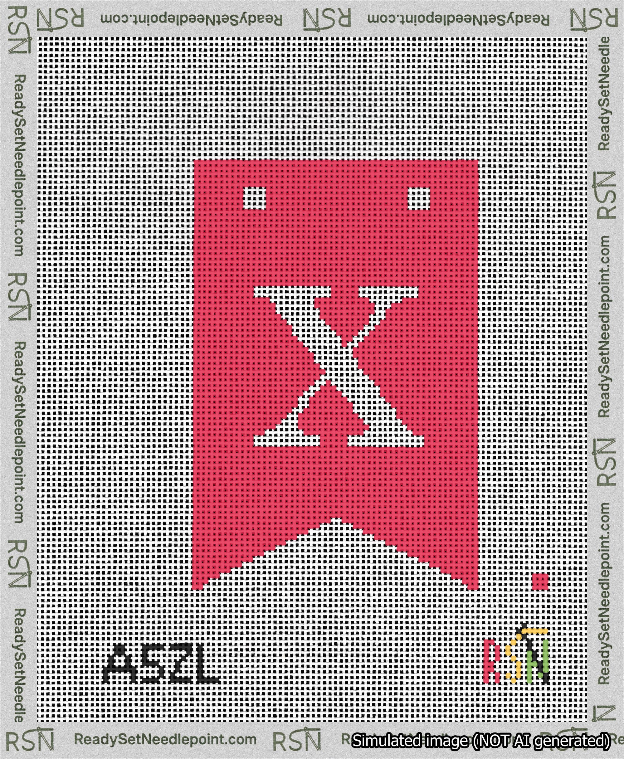 A taped needlepoint canvas with the design: Banner 13 mesh count Forked X White on Red.