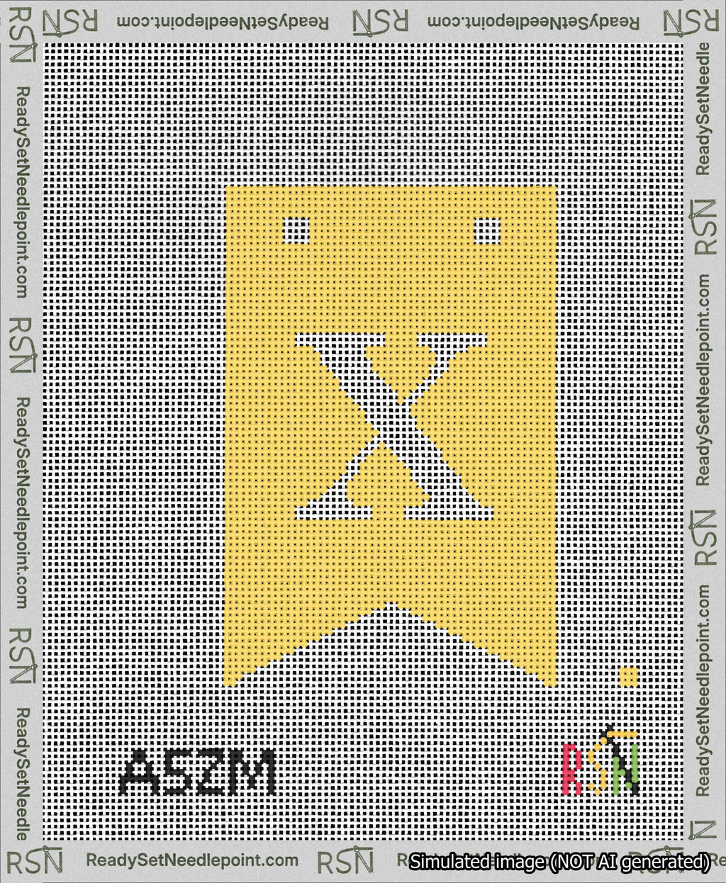 A taped needlepoint canvas with the design: Banner 13 mesh count Forked X White on Yellow.