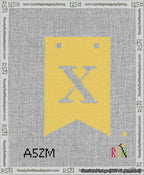 A taped needlepoint canvas with the design: Banner 13 mesh count Forked X White on Yellow.