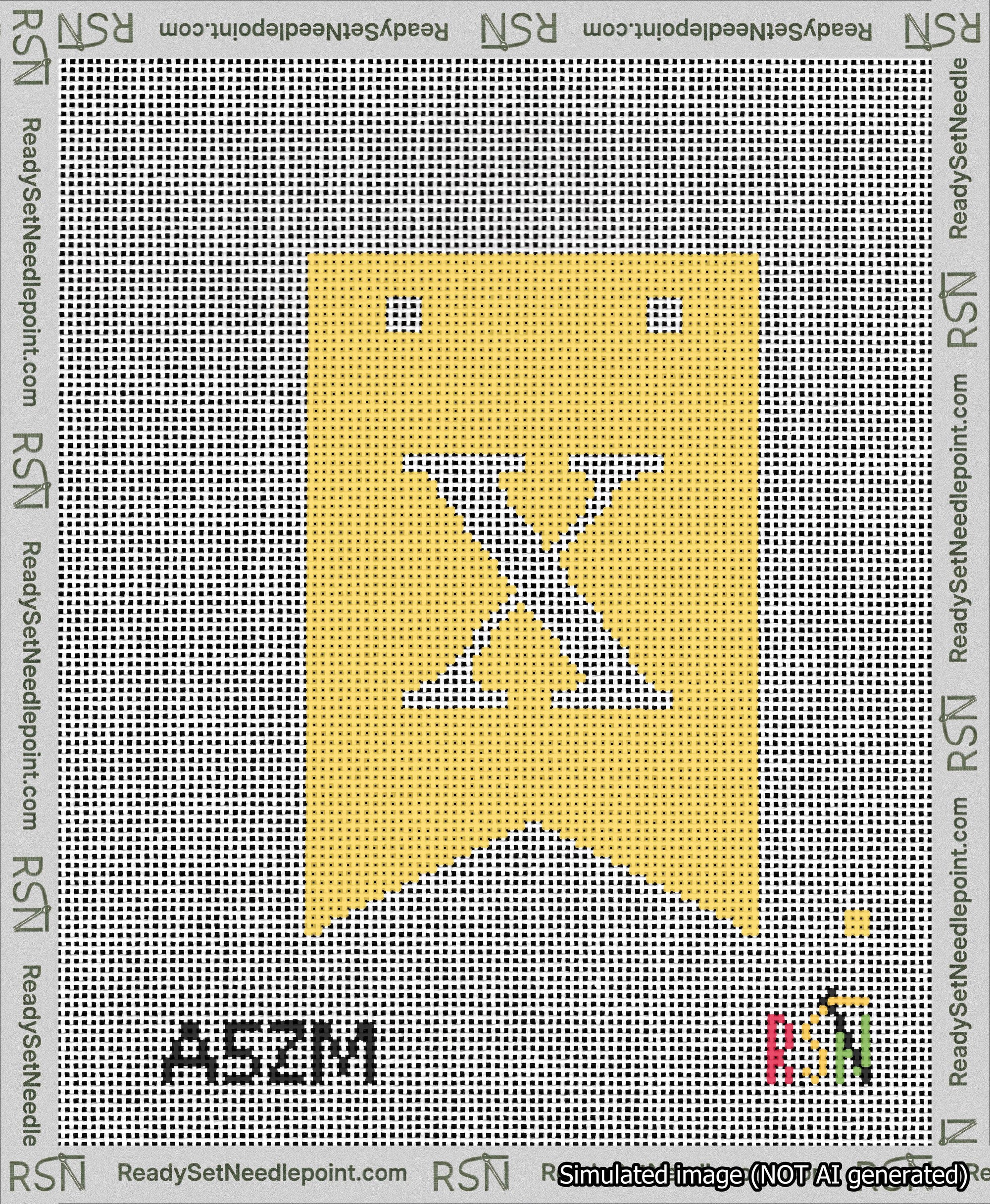 A taped needlepoint canvas with the design: Banner 13 mesh count Forked X White on Yellow.