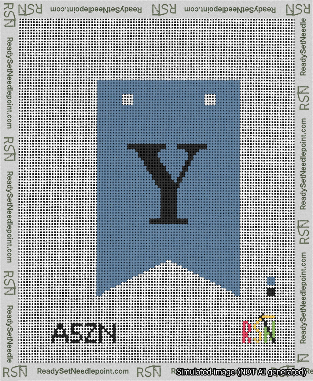 A taped needlepoint canvas with the design: Banner 13 mesh count Forked Y Black on Blue.
