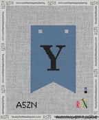 A taped needlepoint canvas with the design: Banner 13 mesh count Forked Y Black on Blue.