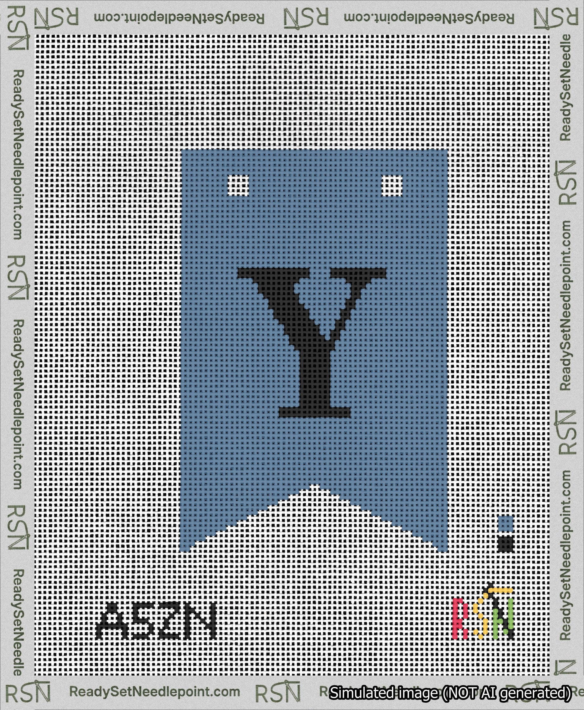 A taped needlepoint canvas with the design: Banner 13 mesh count Forked Y Black on Blue.