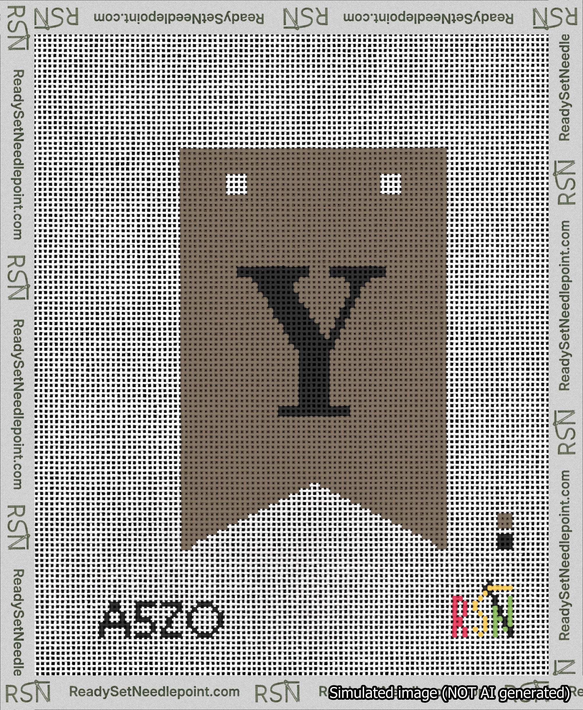 A taped needlepoint canvas with the design: Banner 13 mesh count Forked Y Black on Brown.