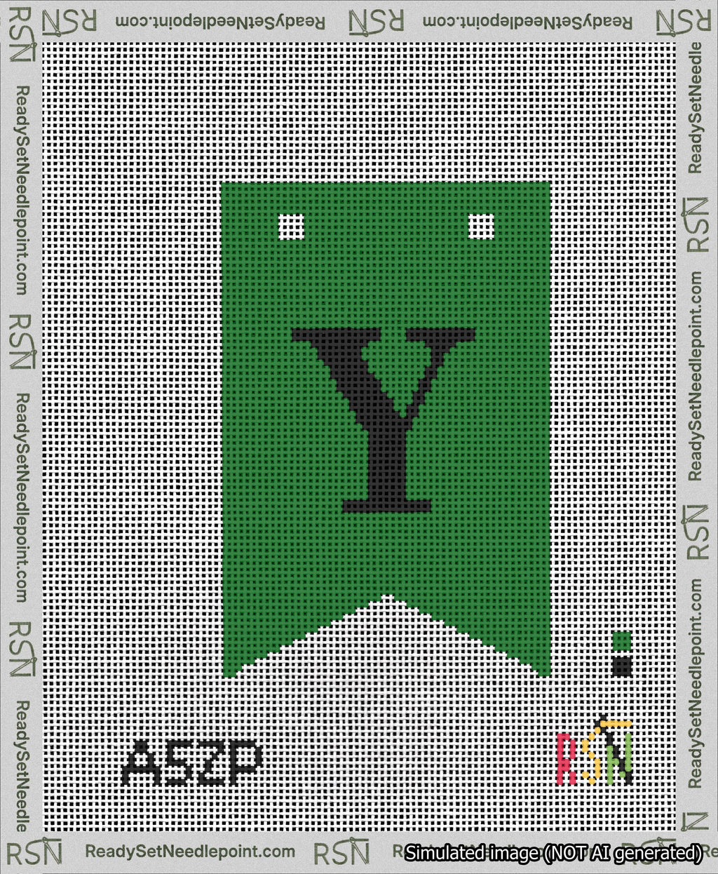 A taped needlepoint canvas with the design: Banner 13 mesh count Forked Y Black on Green.
