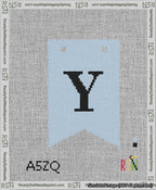A taped needlepoint canvas with the design: Banner 13 mesh count Forked Y Black on Light Blue.
