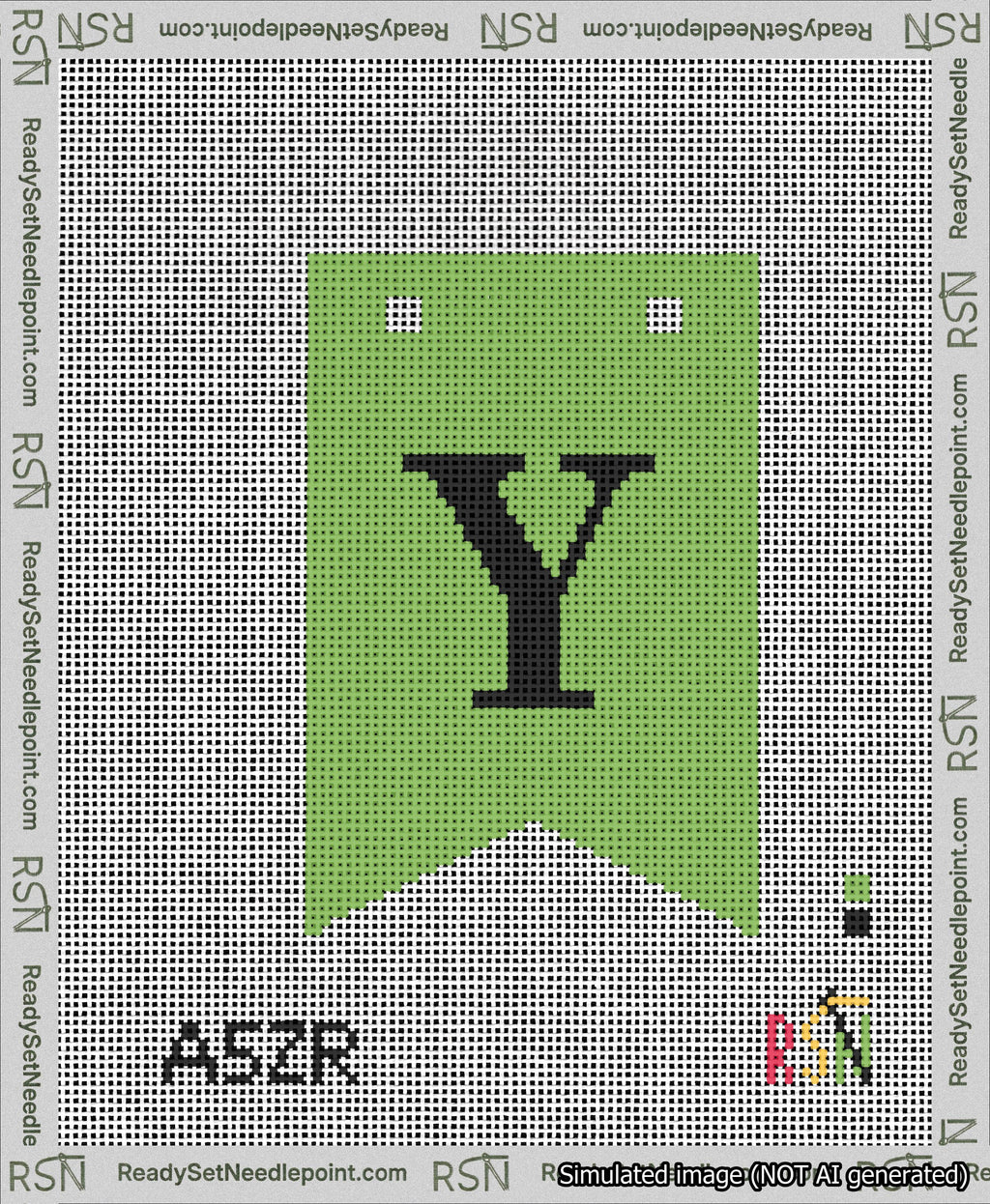 A taped needlepoint canvas with the design: Banner 13 mesh count Forked Y Black on Light Green.
