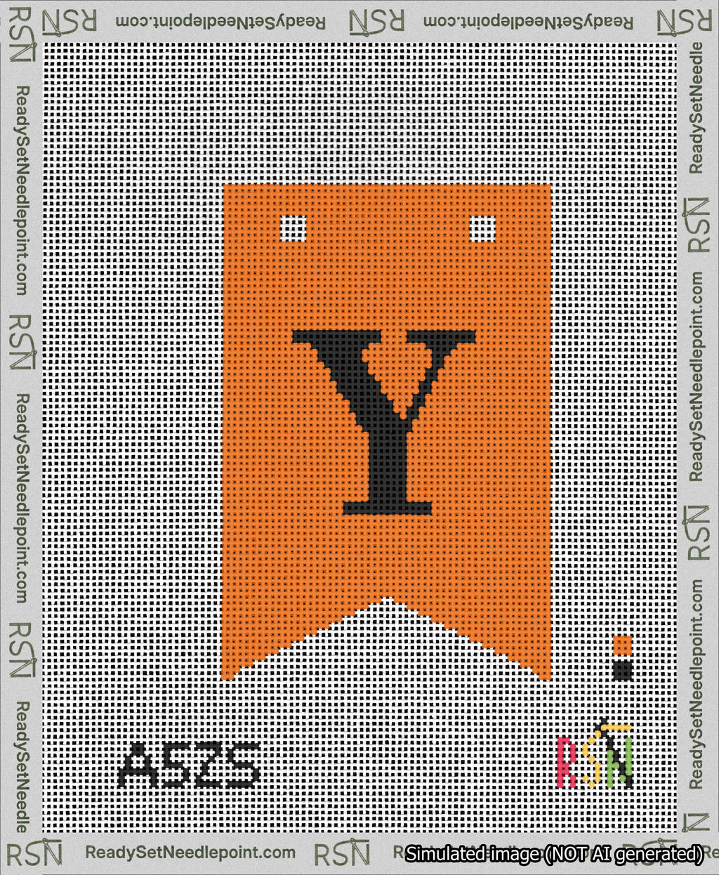 A taped needlepoint canvas with the design: Banner 13 mesh count Forked Y Black on Orange.