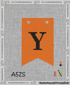 A taped needlepoint canvas with the design: Banner 13 mesh count Forked Y Black on Orange.