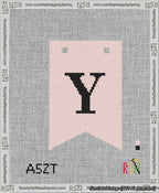 A taped needlepoint canvas with the design: Banner 13 mesh count Forked Y Black on Pink.