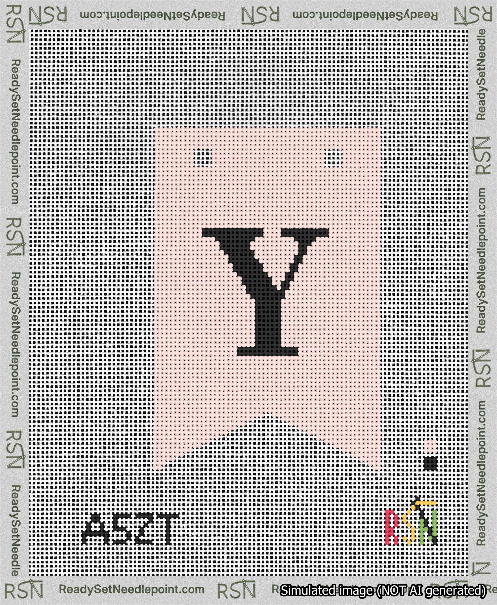 A taped needlepoint canvas with the design: Banner 13 mesh count Forked Y Black on Pink.