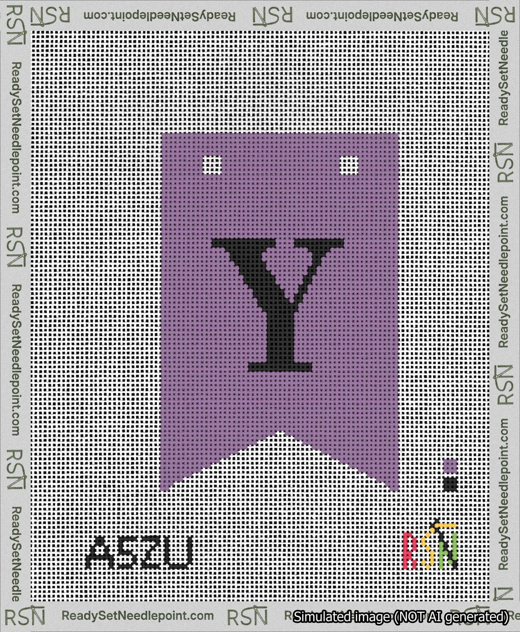 A taped needlepoint canvas with the design: Banner 13 mesh count Forked Y Black on Purple.