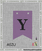 A taped needlepoint canvas with the design: Banner 13 mesh count Forked Y Black on Purple.