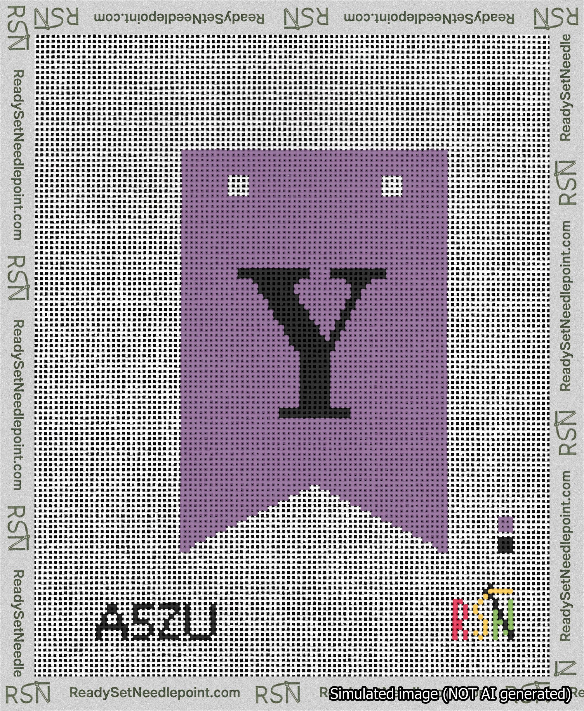 A taped needlepoint canvas with the design: Banner 13 mesh count Forked Y Black on Purple.