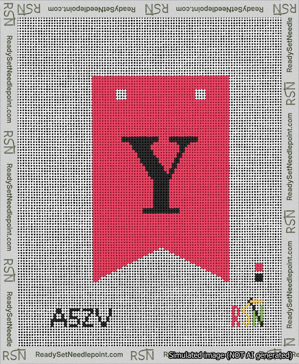 A taped needlepoint canvas with the design: Banner 13 mesh count Forked Y Black on Red.