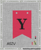 A taped needlepoint canvas with the design: Banner 13 mesh count Forked Y Black on Red.