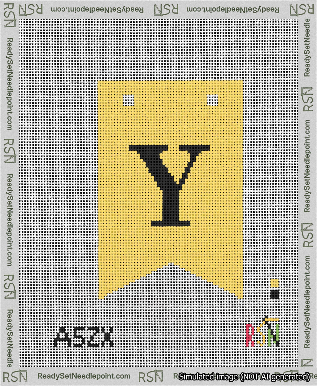 A taped needlepoint canvas with the design: Banner 13 mesh count Forked Y Black on Yellow.