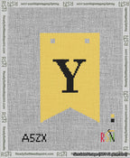 A taped needlepoint canvas with the design: Banner 13 mesh count Forked Y Black on Yellow.