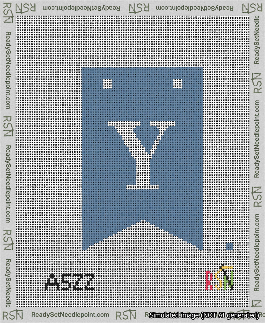 A taped needlepoint canvas with the design: Banner 13 mesh count Forked Y White on Blue.