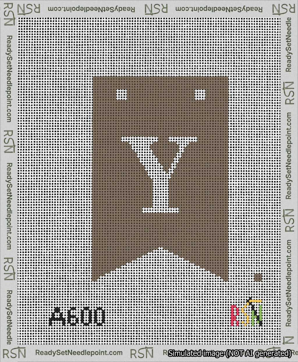 A taped needlepoint canvas with the design: Banner 13 mesh count Forked Y White on Brown.