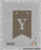 A taped needlepoint canvas with the design: Banner 13 mesh count Forked Y White on Brown.