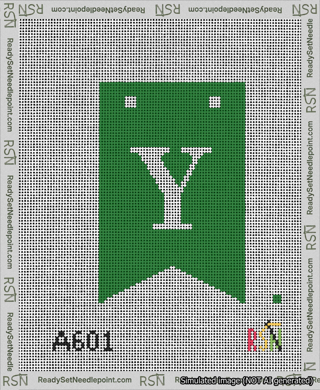 A taped needlepoint canvas with the design: Banner 13 mesh count Forked Y White on Green.