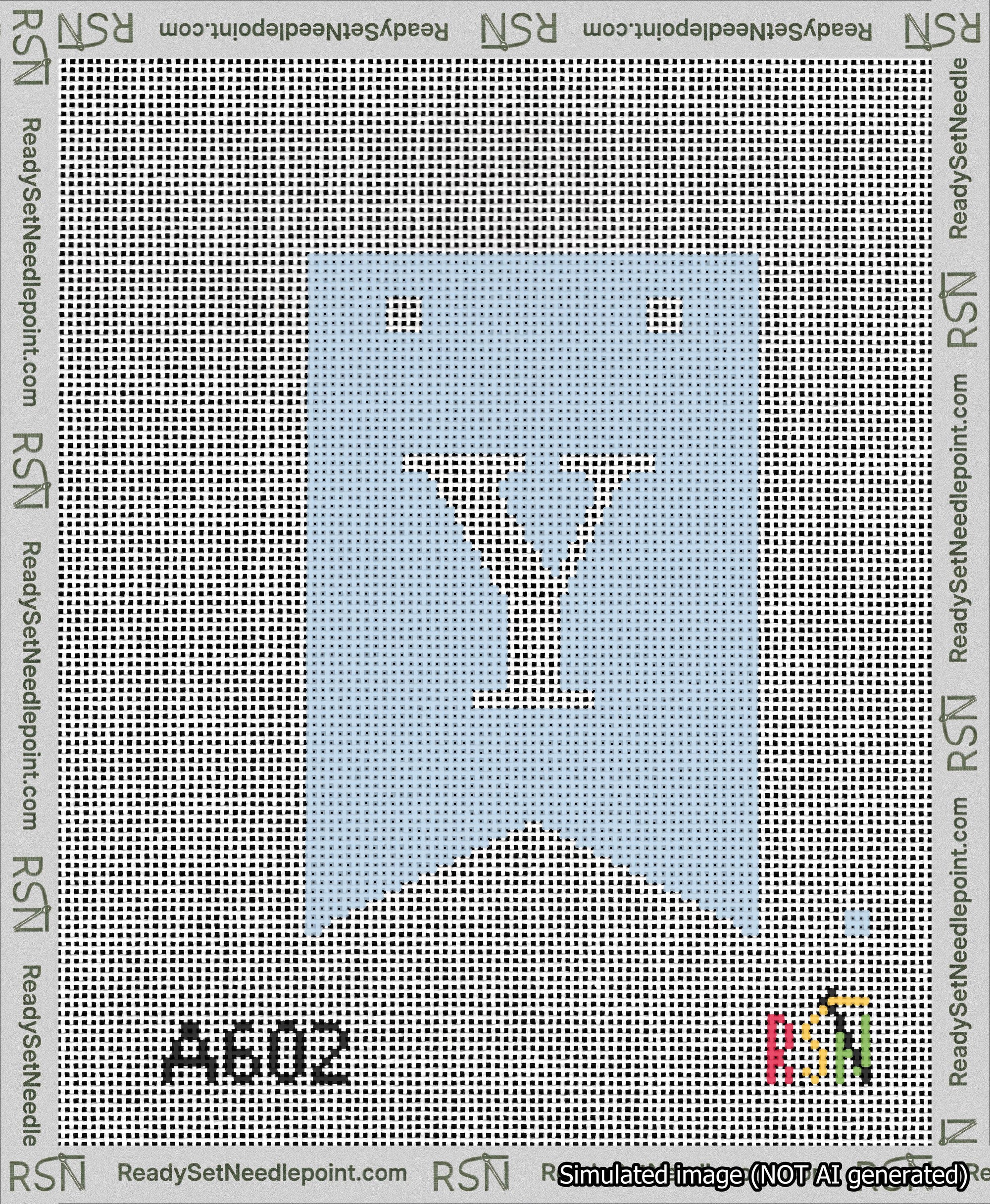 A taped needlepoint canvas with the design: Banner 13 mesh count Forked Y White on Light Blue.