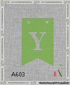 A taped needlepoint canvas with the design: Banner 13 mesh count Forked Y White on Light Green.