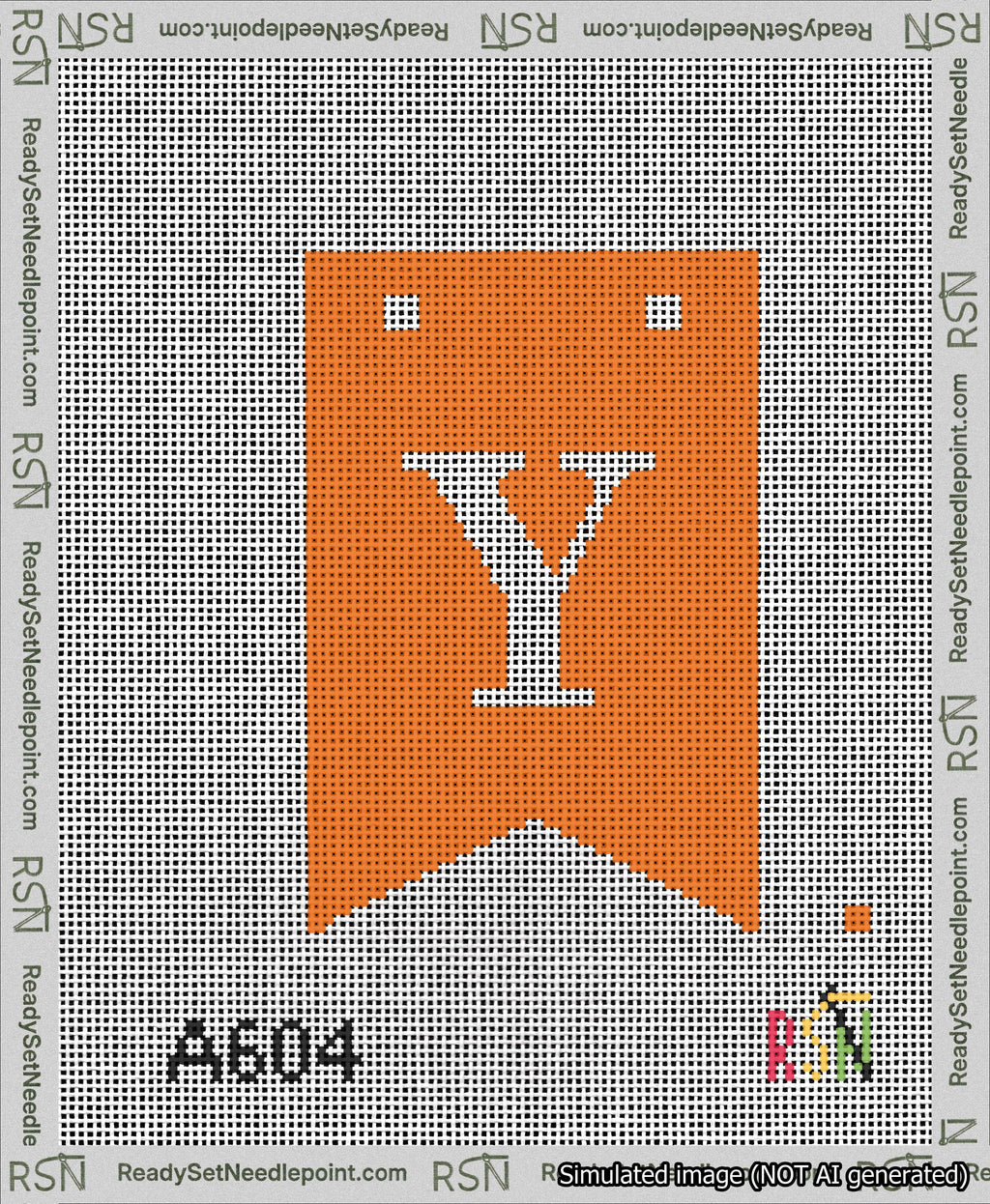 A taped needlepoint canvas with the design: Banner 13 mesh count Forked Y White on Orange.