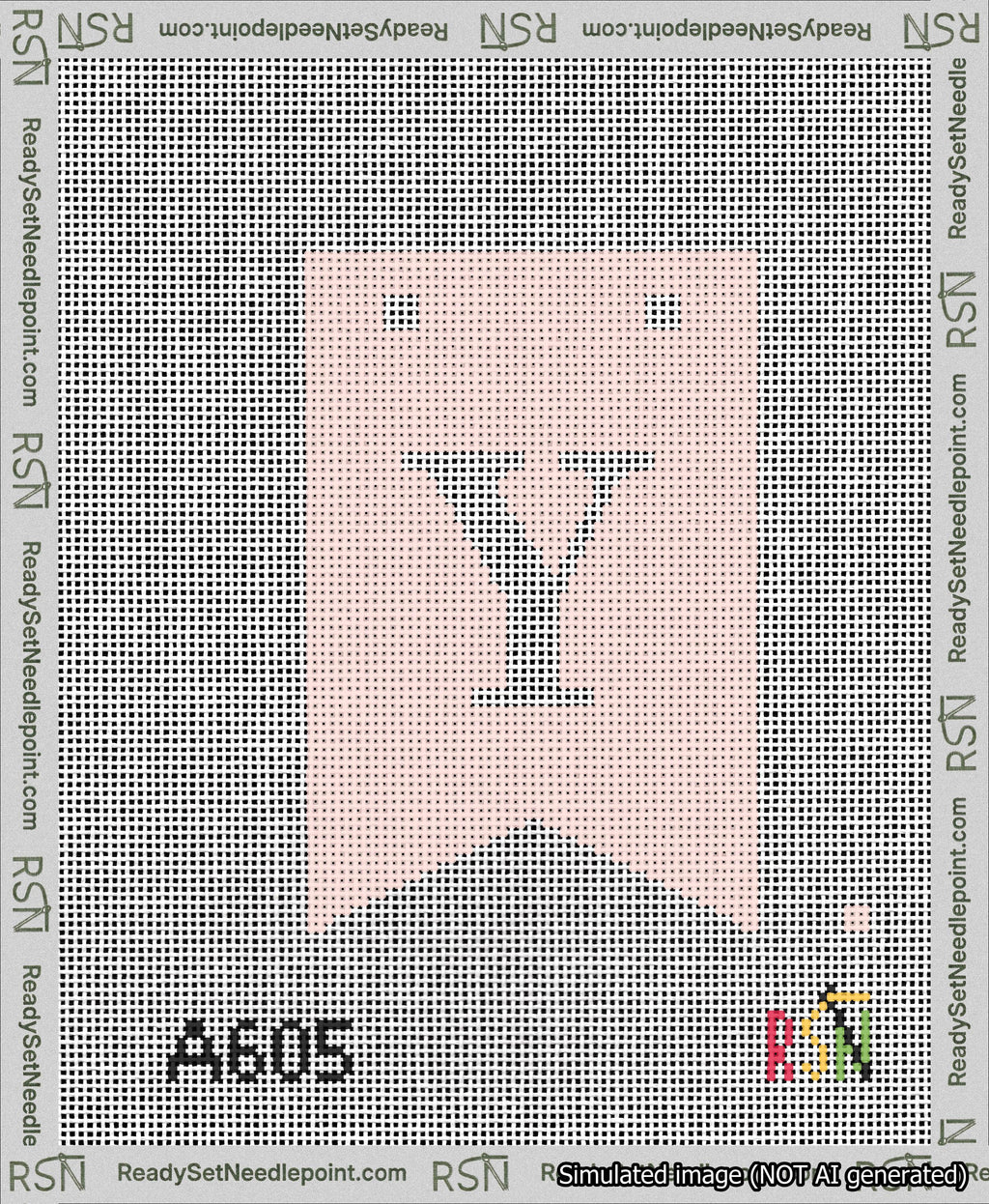 A taped needlepoint canvas with the design: Banner 13 mesh count Forked Y White on Pink.