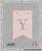 A taped needlepoint canvas with the design: Banner 13 mesh count Forked Y White on Pink.