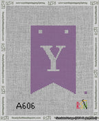 A taped needlepoint canvas with the design: Banner 13 mesh count Forked Y White on Purple.