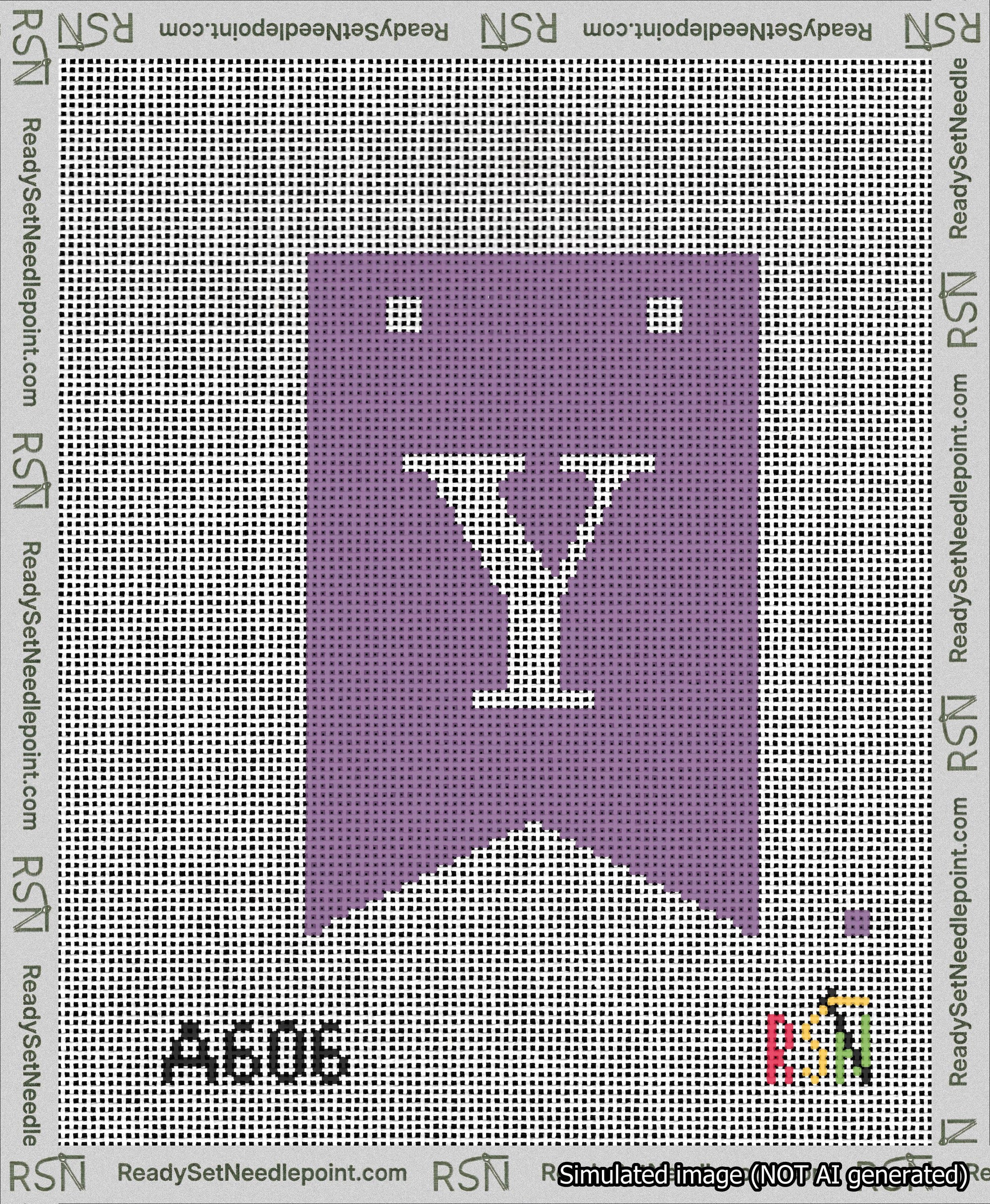 A taped needlepoint canvas with the design: Banner 13 mesh count Forked Y White on Purple.