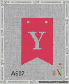 A taped needlepoint canvas with the design: Banner 13 mesh count Forked Y White on Red.
