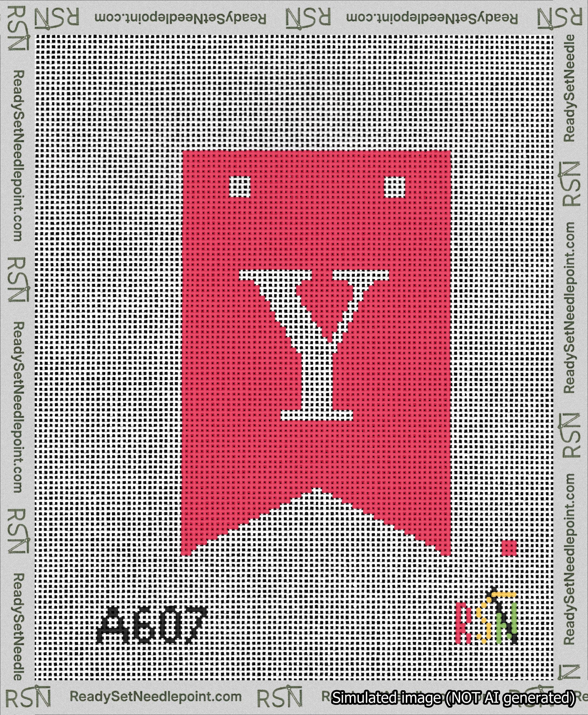 A taped needlepoint canvas with the design: Banner 13 mesh count Forked Y White on Red.