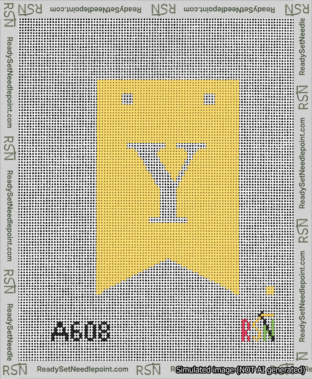 A taped needlepoint canvas with the design: Banner 13 mesh count Forked Y White on Yellow.