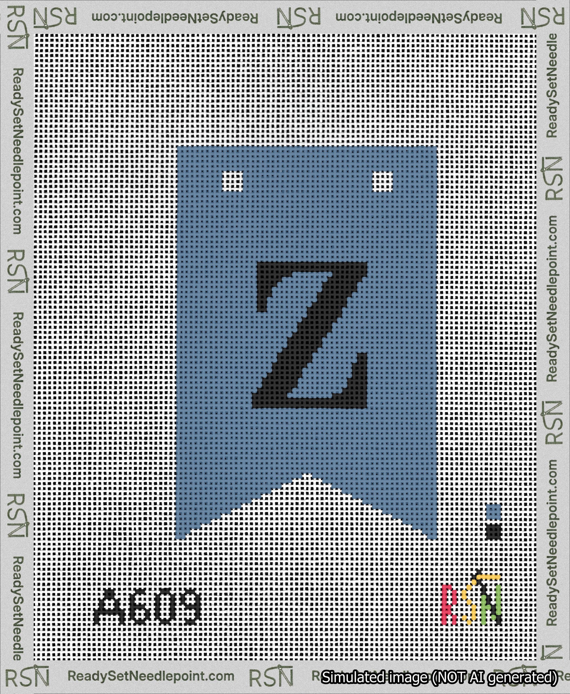A taped needlepoint canvas with the design: Banner 13 mesh count Forked Z Black on Blue.