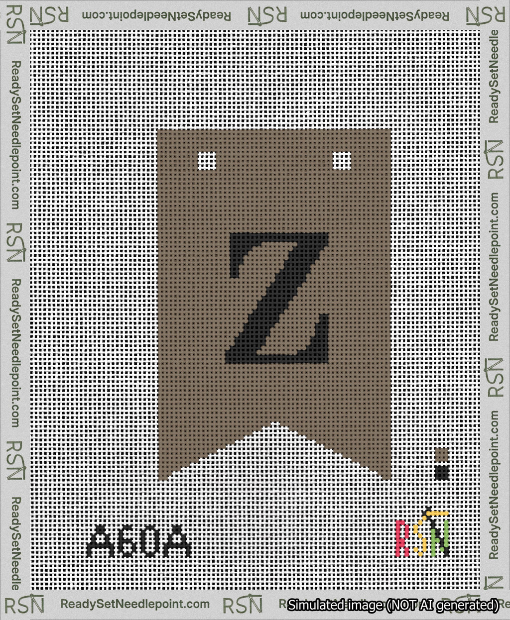 A taped needlepoint canvas with the design: Banner 13 mesh count Forked Z Black on Brown.