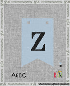 A taped needlepoint canvas with the design: Banner 13 mesh count Forked Z Black on Light Blue.