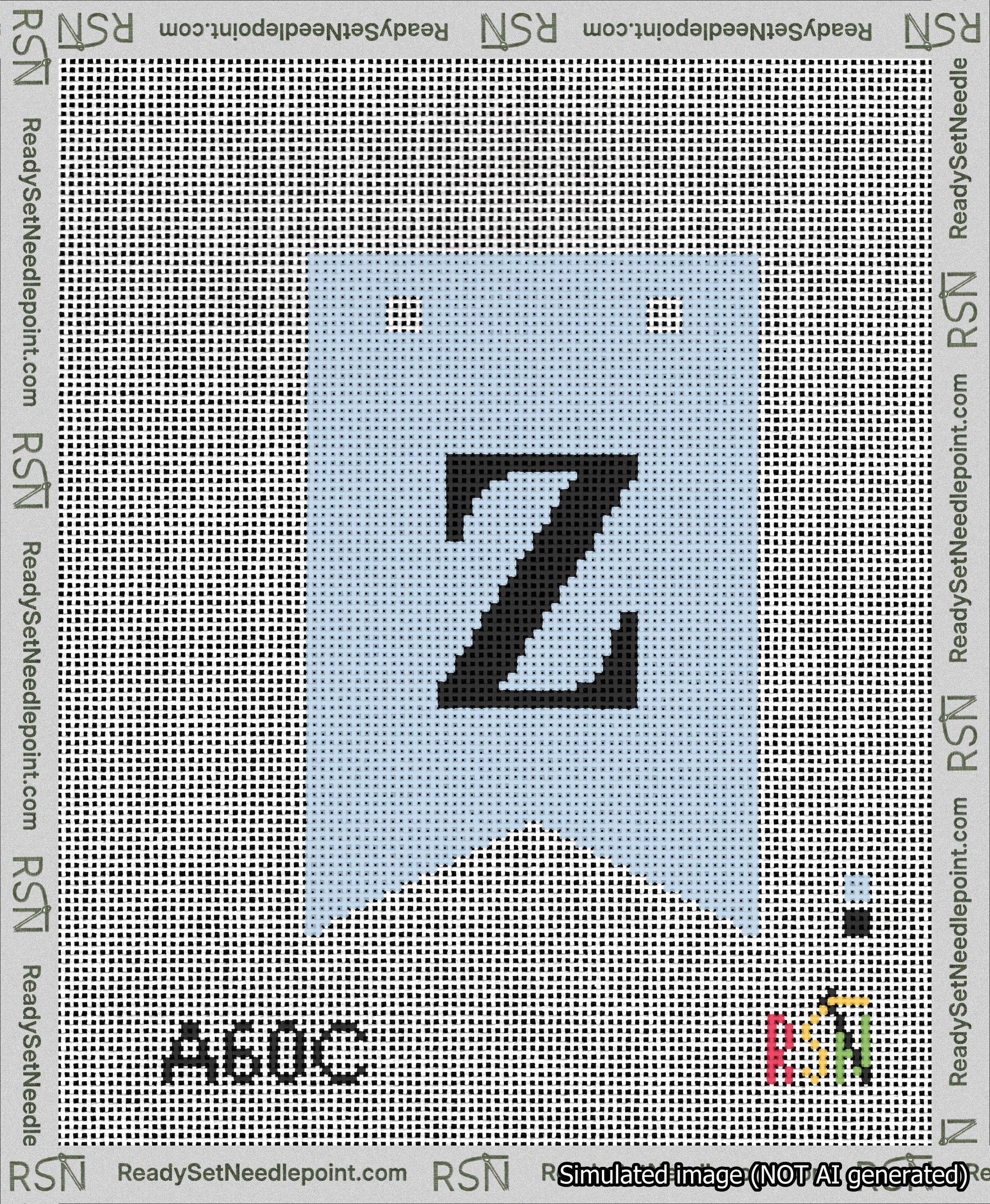 A taped needlepoint canvas with the design: Banner 13 mesh count Forked Z Black on Light Blue.