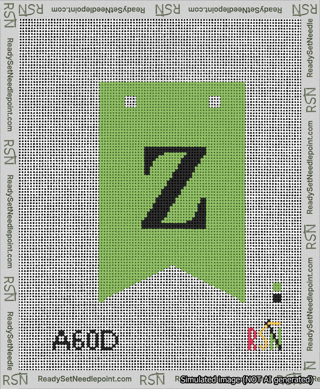 A taped needlepoint canvas with the design: Banner 13 mesh count Forked Z Black on Light Green.