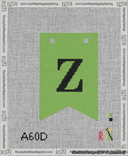 A taped needlepoint canvas with the design: Banner 13 mesh count Forked Z Black on Light Green.