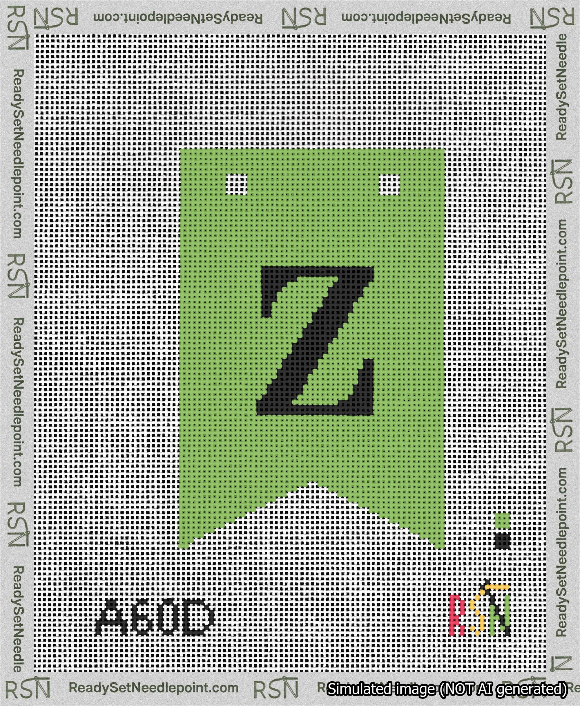 A taped needlepoint canvas with the design: Banner 13 mesh count Forked Z Black on Light Green.