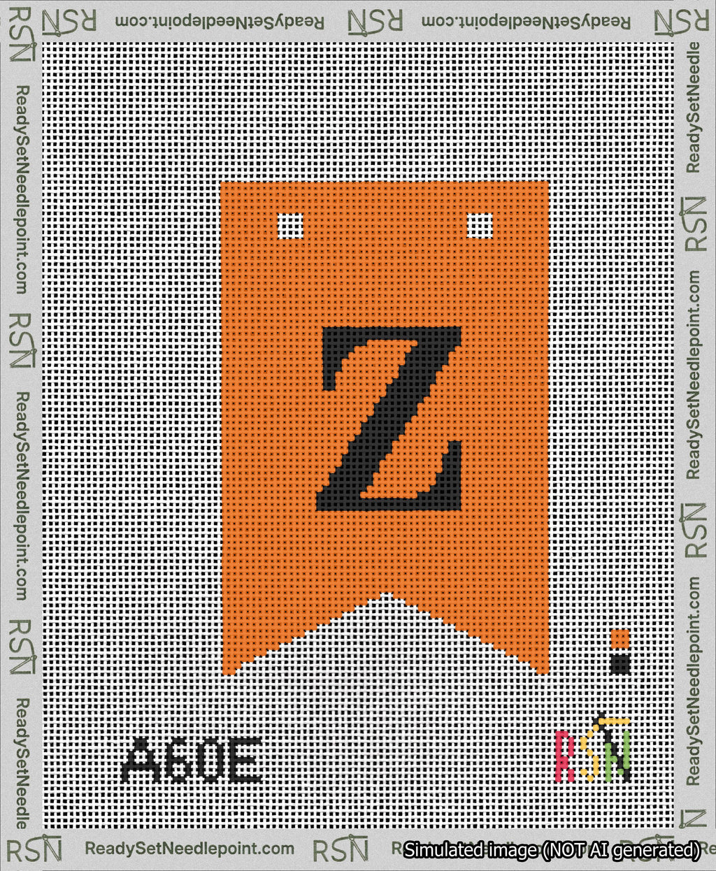 A taped needlepoint canvas with the design: Banner 13 mesh count Forked Z Black on Orange.